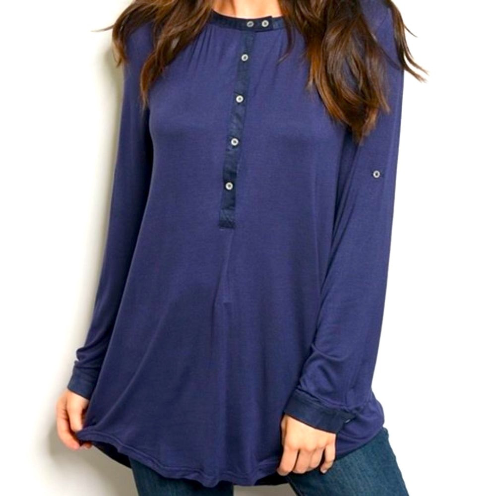 'VERY J' Henley Style Small Button Front Roll Tab Sleeve Navy Blouse Top